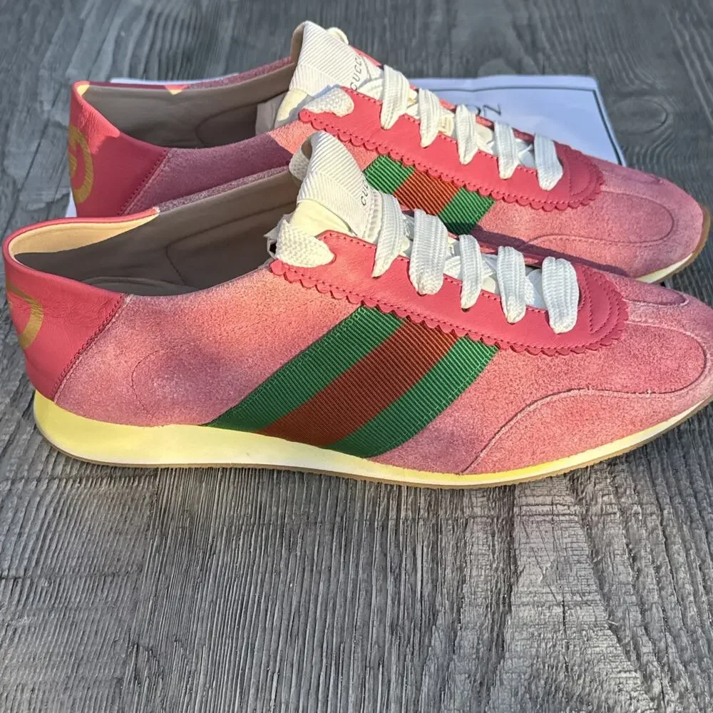 Gucci Rocket Suede Pink Low Top Sneakers Green/Red Stripe SZ IT 40 US 10 W/COA
